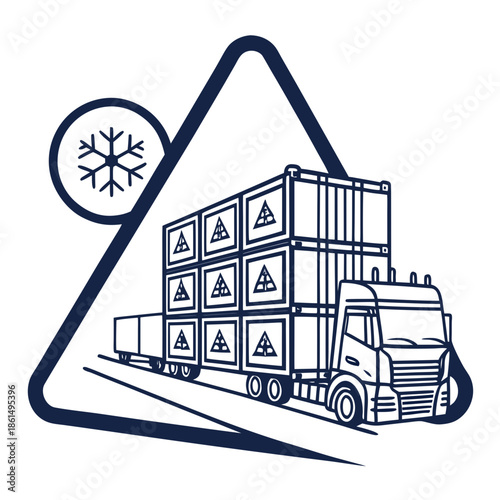 Title: of a truck carrying multiple shipping containers with a snowflake symbol and the text