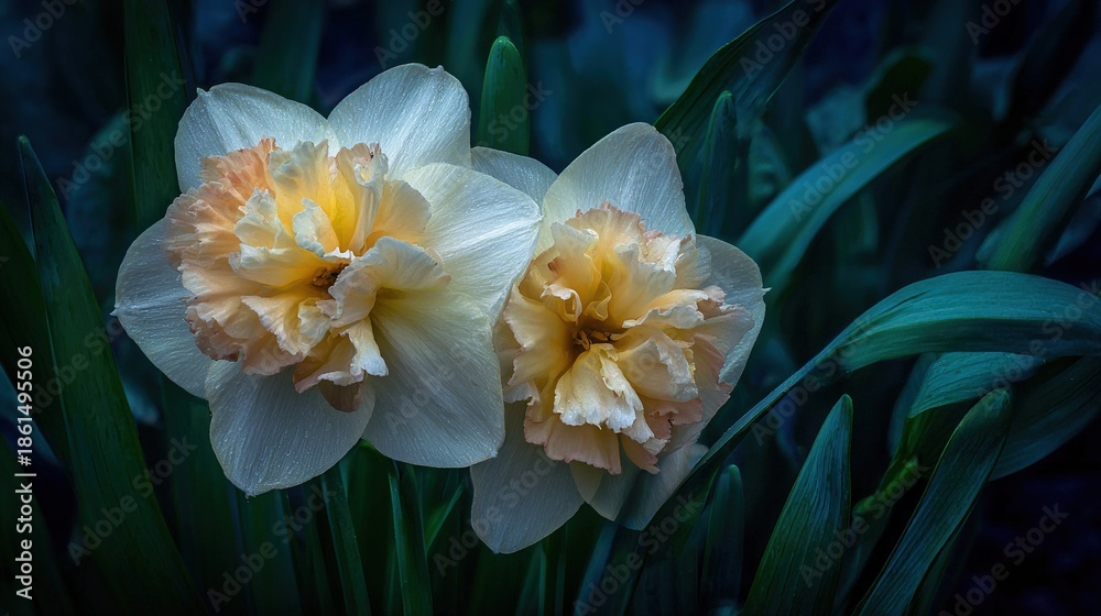 Obraz premium Two white and yellow flowers with green leaves in front of a blue background