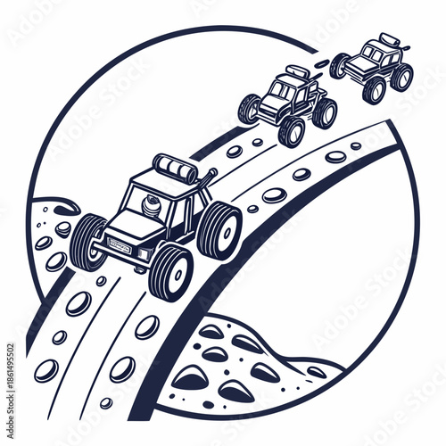 Title: Three lunar rovers driving on a winding road on the surface of the moon with a large moon