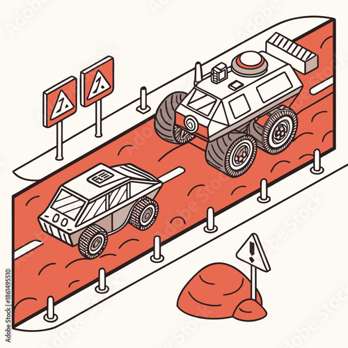 Title: Two lunar rovers driving on a red rocky surface with warning signs and a large rock in the