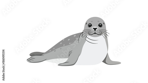 An adorable grey cartoon seal illustration featuring a charming aquatic mammal with large expressive eyes and cute whiskers, presented on a clean