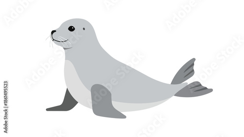 Charming flat vector illustration of a friendly grey seal marine mammal, portrayed with an endearing smile on a pristine white background, perfect
