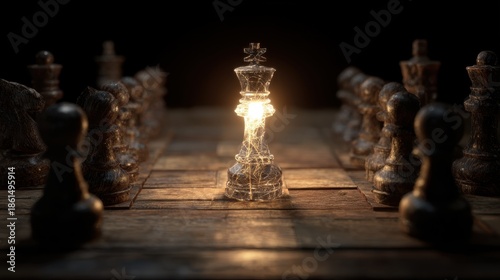 Glowing glass chess king piece among wooden pawns on a chessboard
