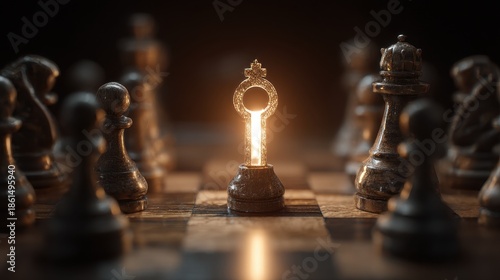 Glowing stylized chess piece in the center of a game board with dramatic cinematic lighting