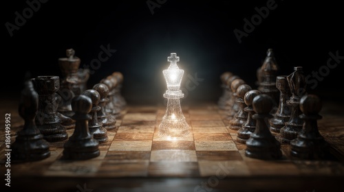 Glowing wireframe chess king standing between rows of dark pieces on a wooden board