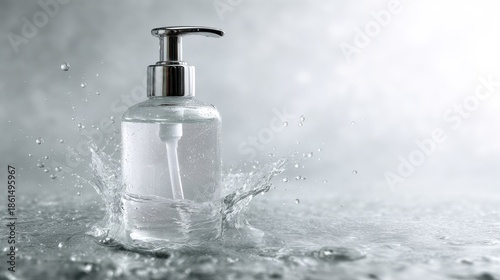 Clear glass bottle with pump dispenser splashing in water on gray reflective surface
