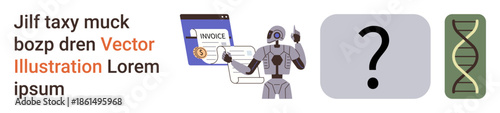 AI innovation, finance, technology, decision-making, science, biotechnology. Robot interacting with invoice, question mark and DNA helix. AI innovation and finance concept