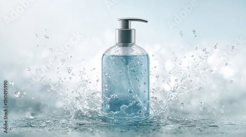 Clear liquid soap dispenser with blue gel and water splashes on light background