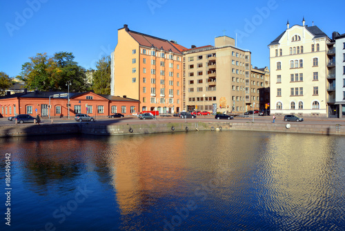 Pohjoisranta is located in center and runs along northern harbor of Helsinki Finland. On waterfront there are houses built in different architectural styles in different historical periods