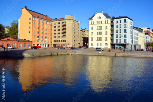 Pohjoisranta is located in center and runs along northern harbor of Helsinki Finland. On waterfront there are houses built in different architectural styles in different historical periods