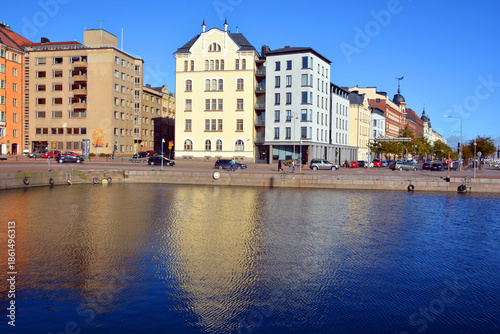 Pohjoisranta is located in center and runs along northern harbor of Helsinki Finland. On waterfront there are houses built in different architectural styles in different historical periods