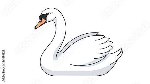 A serene and elegant white swan illustration, crafted in minimalist cartoon style, showcasing graceful curves and tranquil presence on a clean,