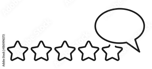 A simple line drawing of four stars and a speech bubble on a white background