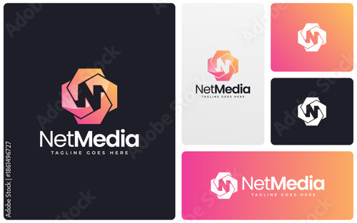NetMedia Letter N Logo in Hexagon Shape, Modern Minimalist N Icon, Creative Business Branding Design, Digital Media Company Emblem, Geometric N Logo, Professional Corporate Symbol
