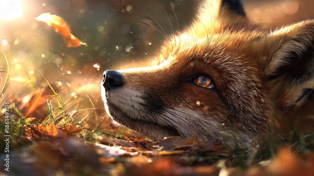 Obraz premium A fox's face close-up in a grass field under the shining sun