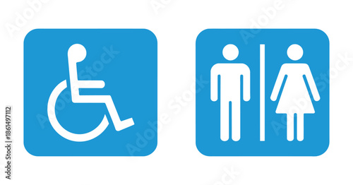 Public restroom signage displaying symbols for accessible male and female facilities