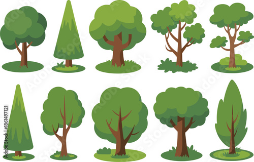 Diverse Cartoon Tree Illustrations for Nature and Environment Design Projects