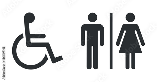 Accessible restroom signage depicting wheelchair male and female symbols for public facilities