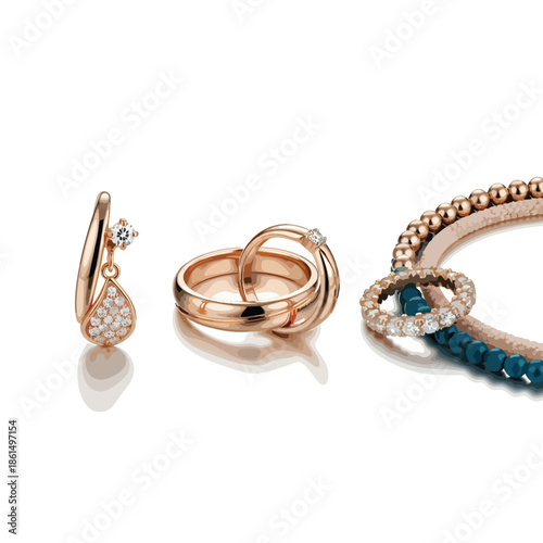 Elegant Rose Gold Hoop Earrings Diamond Rings and Beaded Bracelet.