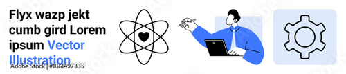 Atomic structure with heart at its core, man working on laptop holding pen, gear icon symbolizing process. Ideal for technology, education, innovation, teamwork, creativity, strategy simple landing