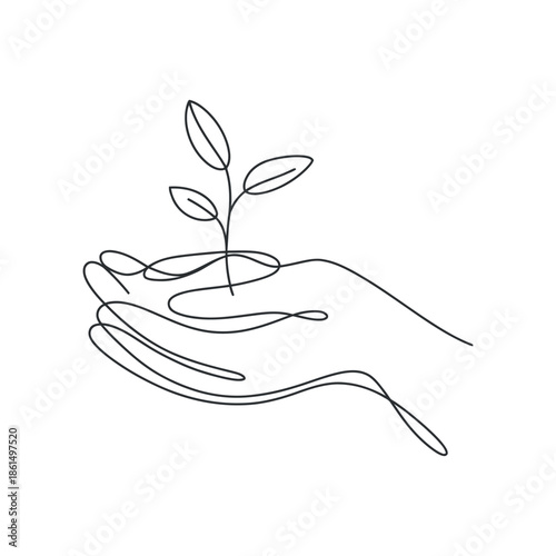 A delicate line drawing shows a hand gently cradling a young plant seedling