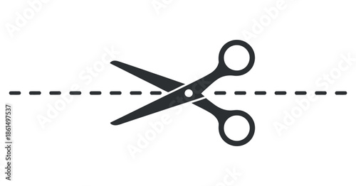 A simple black and white illustration of a pair of open scissors above a dotted line