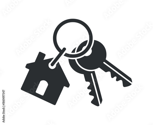 A simple black and white illustration of keys with a house shaped key charm
