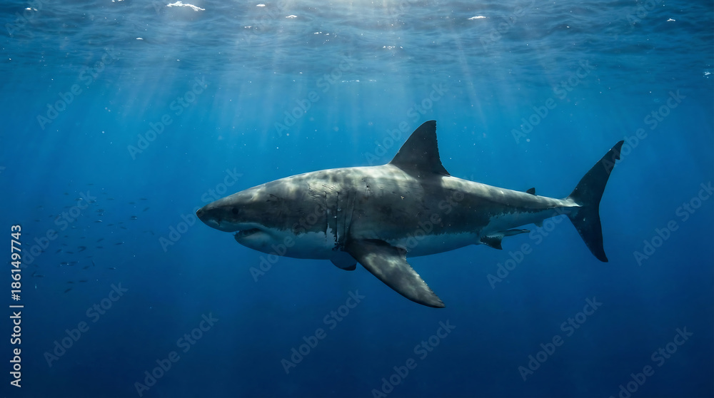 Fototapeta premium Serene Great White Shark Navigating Through Sun Rays in Deep Water