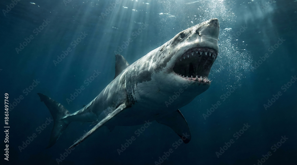 Fototapeta premium Enraged Great White Shark Attacking with Open Jaws and Bubbles