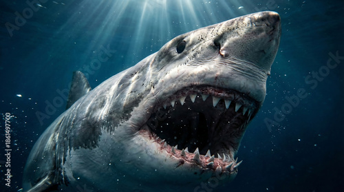 Aggressive Great White Shark Close Up Showing Sharp Teeth Underwater