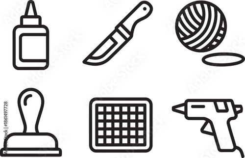 Crafting hobby supplies icons set for DIY projects paper art glue and sewing tools outlines
