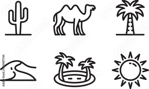 Desert landscape elements icons set for arid environment nature and travel destinations symbols