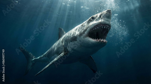 Enraged Great White Shark Attacking with Open Jaws and Bubbles