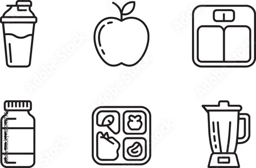 Healthy lifestyle and nutrition line icons with protein shake apple scale and blender set