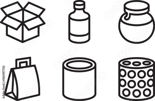 Packaging line icons set with cardboard box bottle jar paper bag can and container