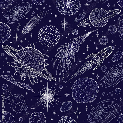 Hand Drawn Sketch of Cosmic Space Elements and Planets.
