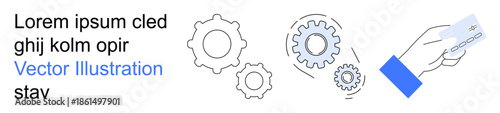 Financial transactions, fintech innovation, digital payments, automation, teamwork, credit card processing. Hand with card and interconnected gears. Financial transactions and fintech innovation