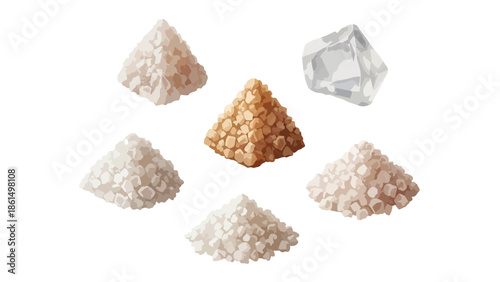 An assortment of natural mineral salts presented as distinct granulated piles alongside a single large crystalline chunk highlighting texture and