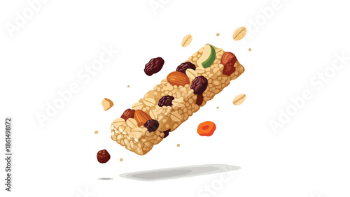 Nutritious cereal bar with almonds raisins and oats floating illustration on white background for health and energy snacks