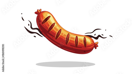 A vibrant cartoon illustration of a perfectly grilled sausage, showcasing distinct char marks and dynamic savory smoke wisps, suggesting culinary