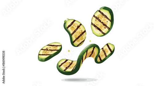 A captivating digital illustration showcasing multiple freshly grilled zucchini slices gracefully floating mid-air, emphasizing healthy culinary