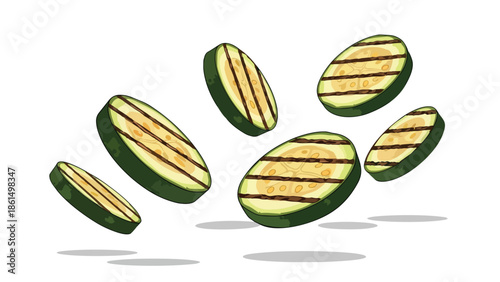Vibrant grilled zucchini slices gracefully descend against a clean backdrop, showcasing healthy culinary preparation, fresh garden produce and