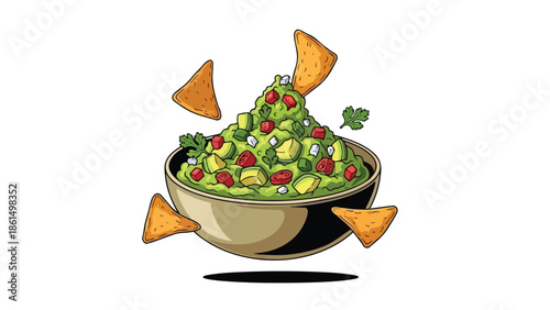 Guacamole with chips illustration. Fresh avocado dip with vibrant tomatoes and aromatic cilantro in a bowl, surrounded by crispy tortilla chips. A