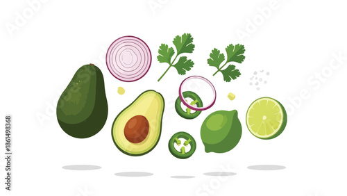 Fresh and vibrant guacamole ingredients including ripe avocado, zesty lime, purple onion, aromatic cilantro, and spicy jalapeño, artfully arranged