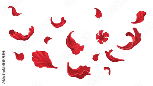Vibrant red petals and a delicate flower gently scattered on a pure white background, symbolizing natural beauty, love, and serene grace perfect for