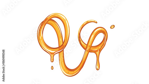 Golden viscous liquid forming an elegant abstract swirling shape with glistening drips and flowing contours against a clean white backdrop a sweet
