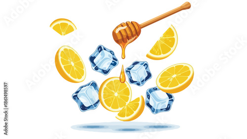 A bright composition features zesty lemon slices, crystal ice cubes, and a honey dipper dripping golden liquid. This visual evokes freshness and