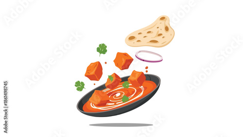 Vibrant illustration of Indian curry with floating protein, rich sauce, cilantro, onion, and naan. Authentic culinary art, appetizing and delicious.
