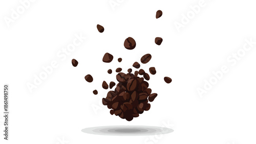 Dynamic illustration of roasted arabica coffee beans captured mid-air, creating an energetic culinary visual presentation on a pristine white