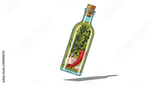 A bottle of delicious cooking oil infused with rosemary, thyme, garlic cloves, and a red chili pepper. Perfect for adding a gourmet touch to any